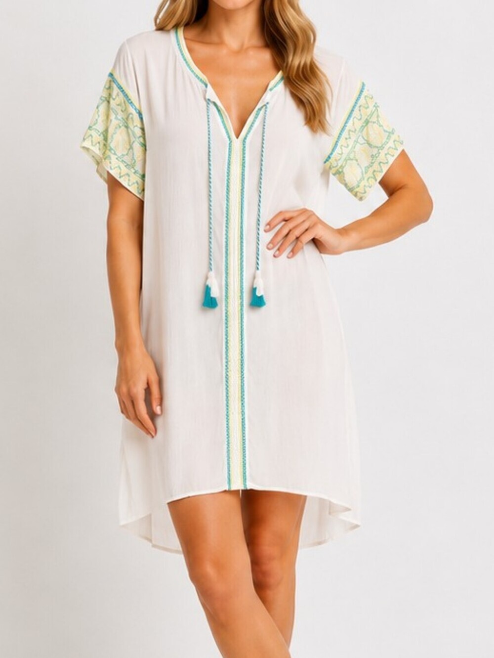 NWT Francesca's White Embroidered Boho Cover Up Dress-Tassel Tie-Large